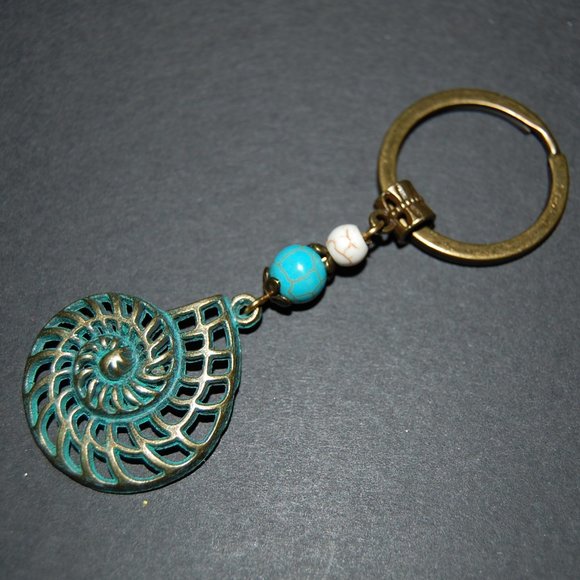 Shell Keychain,Bronze Shell Charm Keychain,Shell Charm,Turquoise Bead,Ocean Key - Picture 2 of 2